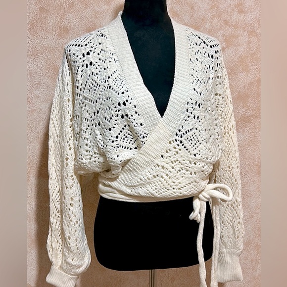 Off White or Milky White Knit Semi Sheer Wrap Sweater - Decorative Side Tie - Picture 2 of 16